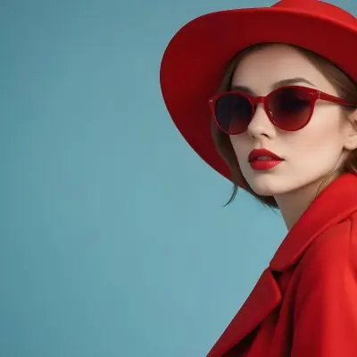 A Young Woman With Fair Skin And Light Brown Hair Approximately 25 Years Old Wearing A Red Hat And Red Sunglasses She Has Red Lipstick And Is Dressed In A Red Coat The Background Is A Solid Light Blue Color 94 A659