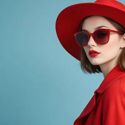 A Young Woman With Fair Skin And Light Brown Hair Approximately 25 Years Old Wearing A Red Hat And Red Sunglasses She Has Red Lipstick And Is Dressed In A Red Coat The Background Is A Solid Light Blue Color 96 E5a6
