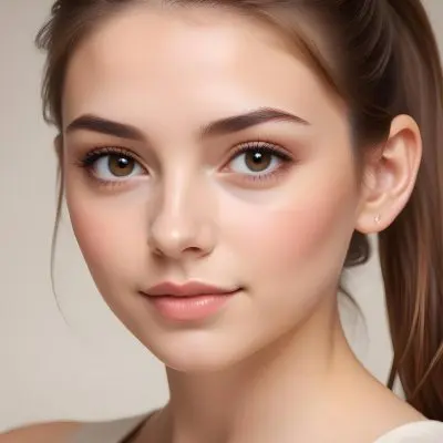 A Young Woman With Fair Skin And Long Brown Hair Approximately 20 Years Old Is Posing With Her Hand Near Her Face She Has Well Defined Eyebrows And Subtle Makeup Featuring Soft Eyeshadow And Glossy Lips Her Nails Ar 11 3887