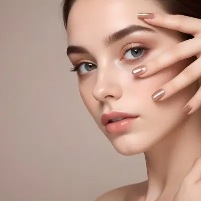 A Young Woman With Fair Skin And Long Brown Hair Approximately 20 Years Old Is Posing With Her Hand Near Her Face She Has Well Defined Eyebrows And Subtle Makeup Featuring Soft Eyeshadow And Glossy Lips Her Nails Ar 14 417a