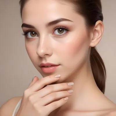 A Young Woman With Fair Skin And Long Brown Hair Approximately 20 Years Old Is Posing With Her Hand Near Her Face She Has Well Defined Eyebrows And Subtle Makeup Featuring Soft Eyeshadow And Glossy Lips Her Nails Ar 4 D090