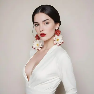 A Young Woman With Fair Skin And Long Dark Hair Styled In A Sleek Bun She Is Wearing A Deep V Neck White Top And Large Floral Earrings In Red And White Her Lips Are Painted A Bold Red And She Has A Confident Express 22 3dd4