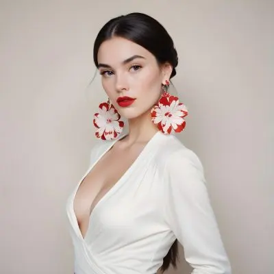 A Young Woman With Fair Skin And Long Dark Hair Styled In A Sleek Bun She Is Wearing A Deep V Neck White Top And Large Floral Earrings In Red And White Her Lips Are Painted A Bold Red And She Has A Confident Express 24 D8d1