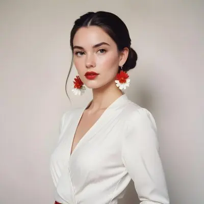 A Young Woman With Fair Skin And Long Dark Hair Styled In A Sleek Bun She Is Wearing A Deep V Neck White Top And Large Floral Earrings In Red And White Her Lips Are Painted A Bold Red And She Has A Confident Express 28 6bc0