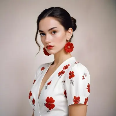 A Young Woman With Fair Skin And Long Dark Hair Styled In A Sleek Bun She Is Wearing A Deep V Neck White Top And Large Floral Earrings In Red And White Her Lips Are Painted A Bold Red And She Has A Confident Express 29 Acab