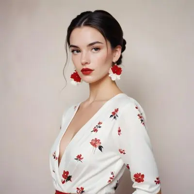 A Young Woman With Fair Skin And Long Dark Hair Styled In A Sleek Bun She Is Wearing A Deep V Neck White Top And Large Floral Earrings In Red And White Her Lips Are Painted A Bold Red And She Has A Confident Express 32 C37a