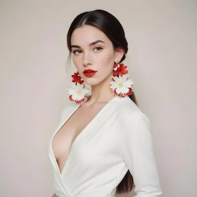 A Young Woman With Fair Skin And Long Dark Hair Styled In A Sleek Bun She Is Wearing A Deep V Neck White Top And Large Floral Earrings In Red And White Her Lips Are Painted A Bold Red And She Has A Confident Express 35 92ae