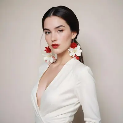A Young Woman With Fair Skin And Long Dark Hair Styled In A Sleek Bun She Is Wearing A Deep V Neck White Top And Large Floral Earrings In Red And White Her Lips Are Painted A Bold Red And She Has A Confident Express 44 B9fe