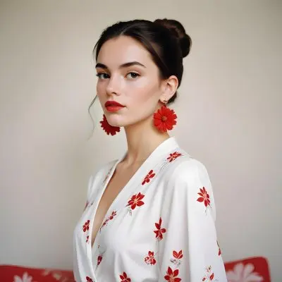 A Young Woman With Fair Skin And Long Dark Hair Styled In A Sleek Bun She Is Wearing A Deep V Neck White Top And Large Floral Earrings In Red And White Her Lips Are Painted A Bold Red And She Has A Confident Express 49 47b9