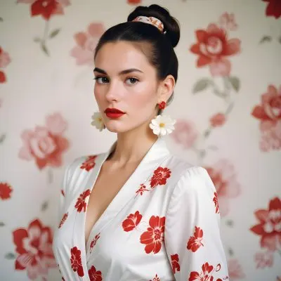 A Young Woman With Fair Skin And Long Dark Hair Styled In A Sleek Bun She Is Wearing A Deep V Neck White Top And Large Floral Earrings In Red And White Her Lips Are Painted A Bold Red And She Has A Confident Express 55 756b