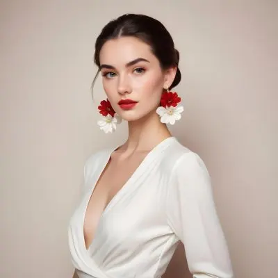 A Young Woman With Fair Skin And Long Dark Hair Styled In A Sleek Bun She Is Wearing A Deep V Neck White Top And Large Floral Earrings In Red And White Her Lips Are Painted A Bold Red And She Has A Confident Express 60 5fe1