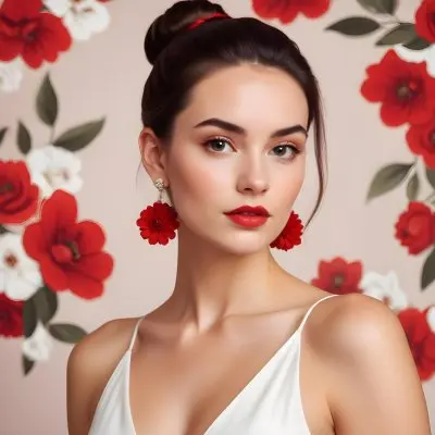 A Young Woman With Fair Skin And Long Dark Hair Styled In A Sleek Bun She Is Wearing A Deep V Neck White Top And Large Floral Earrings In Red And White Her Lips Are Painted A Bold Red And She Has A Confident Express 62 Bdfb