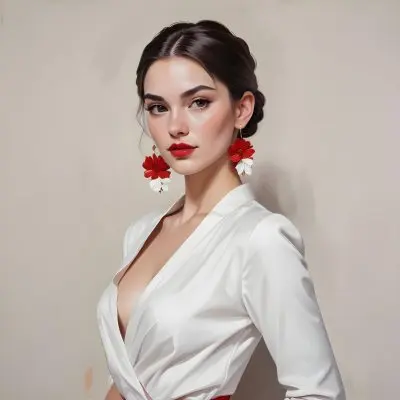 A Young Woman With Fair Skin And Long Dark Hair Styled In A Sleek Bun She Is Wearing A Deep V Neck White Top And Large Floral Earrings In Red And White Her Lips Are Painted A Bold Red And She Has A Confident Express 7 7839
