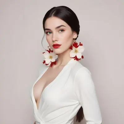 A Young Woman With Fair Skin And Long Dark Hair Styled In A Sleek Bun She Is Wearing A Deep V Neck White Top And Large Floral Earrings In Red And White Her Lips Are Painted A Bold Red And She Has A Confident Express 75 7d14
