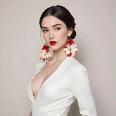 A Young Woman With Fair Skin And Long Dark Hair Styled In A Sleek Bun She Is Wearing A Deep V Neck White Top And Large Floral Earrings In Red And White Her Lips Are Painted A Bold Red And She Has A Confident Express 79 D7c4