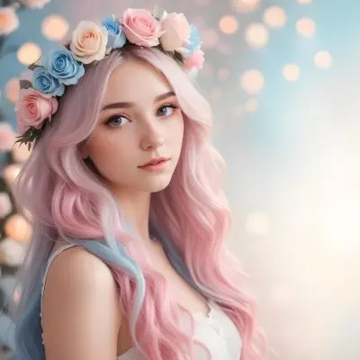 A Young Woman With Fair Skin And Long Flowing Hair That Transitions From Pastel Pink To Light Blue She Has A Floral Crown Made Of White And Pink Roses Adorning Her Head The Background Features A Soft Blurred Pink Gra 102 72b5