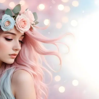 A Young Woman With Fair Skin And Long Flowing Hair That Transitions From Pastel Pink To Light Blue She Has A Floral Crown Made Of White And Pink Roses Adorning Her Head The Background Features A Soft Blurred Pink Gra 103 1746