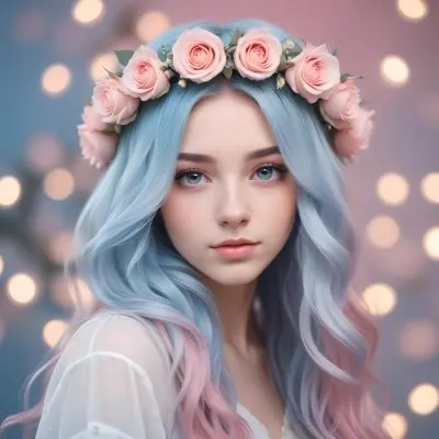 A Young Woman With Fair Skin And Long Flowing Hair That Transitions From Pastel Pink To Light Blue She Has A Floral Crown Made Of White And Pink Roses Adorning Her Head The Background Features A Soft Blurred Pink Gra 105 Bdc5