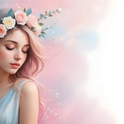A Young Woman With Fair Skin And Long Flowing Hair That Transitions From Pastel Pink To Light Blue She Has A Floral Crown Made Of White And Pink Roses Adorning Her Head The Background Features A Soft Blurred Pink Gra 11 E208