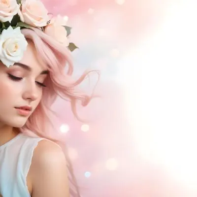 A Young Woman With Fair Skin And Long Flowing Hair That Transitions From Pastel Pink To Light Blue She Has A Floral Crown Made Of White And Pink Roses Adorning Her Head The Background Features A Soft Blurred Pink Gra 114 Dc49