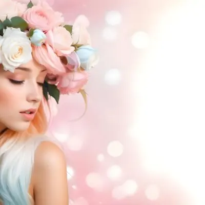 A Young Woman With Fair Skin And Long Flowing Hair That Transitions From Pastel Pink To Light Blue She Has A Floral Crown Made Of White And Pink Roses Adorning Her Head The Background Features A Soft Blurred Pink Gra 116 A959