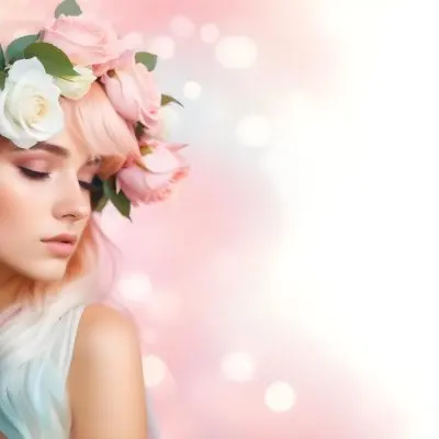 A Young Woman With Fair Skin And Long Flowing Hair That Transitions From Pastel Pink To Light Blue She Has A Floral Crown Made Of White And Pink Roses Adorning Her Head The Background Features A Soft Blurred Pink Gra 119 7f61