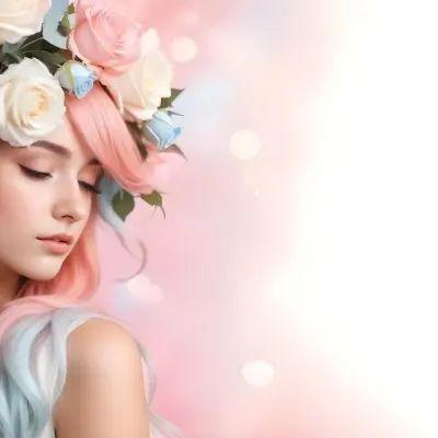 A Young Woman With Fair Skin And Long Flowing Hair That Transitions From Pastel Pink To Light Blue She Has A Floral Crown Made Of White And Pink Roses Adorning Her Head The Background Features A Soft Blurred Pink Gra 121 Efa5