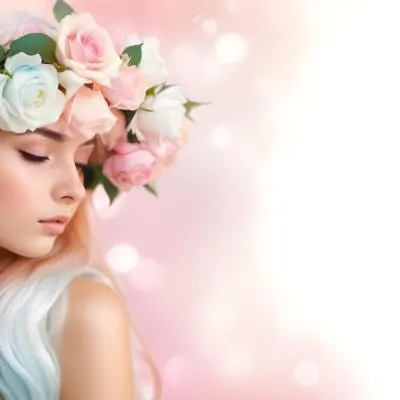 A Young Woman With Fair Skin And Long Flowing Hair That Transitions From Pastel Pink To Light Blue She Has A Floral Crown Made Of White And Pink Roses Adorning Her Head The Background Features A Soft Blurred Pink Gra 123 D048