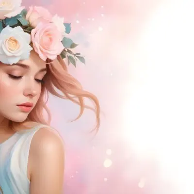 A Young Woman With Fair Skin And Long Flowing Hair That Transitions From Pastel Pink To Light Blue She Has A Floral Crown Made Of White And Pink Roses Adorning Her Head The Background Features A Soft Blurred Pink Gra 13 E76e