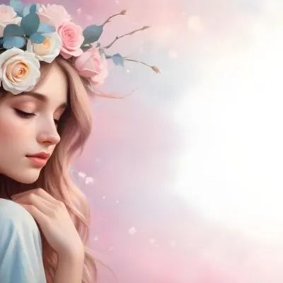 A Young Woman With Fair Skin And Long Flowing Hair That Transitions From Pastel Pink To Light Blue She Has A Floral Crown Made Of White And Pink Roses Adorning Her Head The Background Features A Soft Blurred Pink Gra 14 6ed6