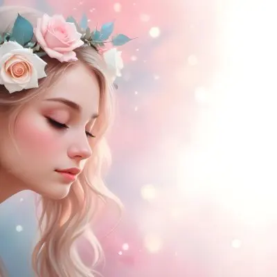 A Young Woman With Fair Skin And Long Flowing Hair That Transitions From Pastel Pink To Light Blue She Has A Floral Crown Made Of White And Pink Roses Adorning Her Head The Background Features A Soft Blurred Pink Gra 19 Eaa2