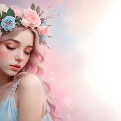 A Young Woman With Fair Skin And Long Flowing Hair That Transitions From Pastel Pink To Light Blue She Has A Floral Crown Made Of White And Pink Roses Adorning Her Head The Background Features A Soft Blurred Pink Gra 21 77a1