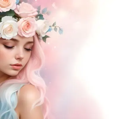 A Young Woman With Fair Skin And Long Flowing Hair That Transitions From Pastel Pink To Light Blue She Has A Floral Crown Made Of White And Pink Roses Adorning Her Head The Background Features A Soft Blurred Pink Gra 23 0d51