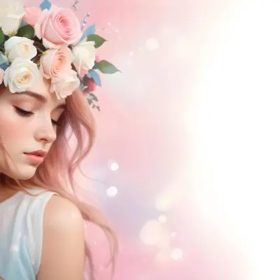 A Young Woman With Fair Skin And Long Flowing Hair That Transitions From Pastel Pink To Light Blue She Has A Floral Crown Made Of White And Pink Roses Adorning Her Head The Background Features A Soft Blurred Pink Gra 24 4e70
