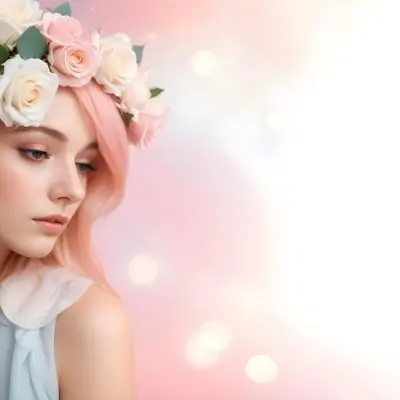 A Young Woman With Fair Skin And Long Flowing Hair That Transitions From Pastel Pink To Light Blue She Has A Floral Crown Made Of White And Pink Roses Adorning Her Head The Background Features A Soft Blurred Pink Gra 25 B758