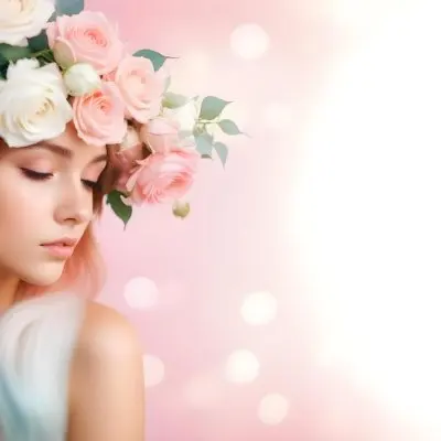 A Young Woman With Fair Skin And Long Flowing Hair That Transitions From Pastel Pink To Light Blue She Has A Floral Crown Made Of White And Pink Roses Adorning Her Head The Background Features A Soft Blurred Pink Gra 29 6815