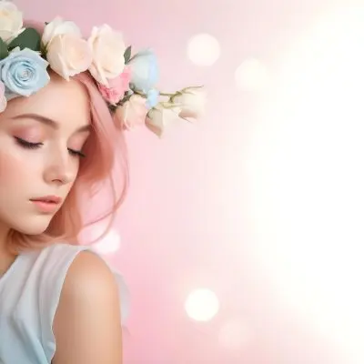 A Young Woman With Fair Skin And Long Flowing Hair That Transitions From Pastel Pink To Light Blue She Has A Floral Crown Made Of White And Pink Roses Adorning Her Head The Background Features A Soft Blurred Pink Gra 31 C031
