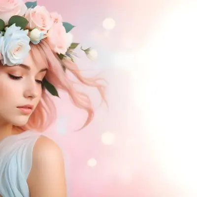 A Young Woman With Fair Skin And Long Flowing Hair That Transitions From Pastel Pink To Light Blue She Has A Floral Crown Made Of White And Pink Roses Adorning Her Head The Background Features A Soft Blurred Pink Gra 41 34a3