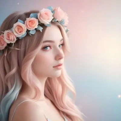 A Young Woman With Fair Skin And Long Flowing Hair That Transitions From Pastel Pink To Light Blue She Has A Floral Crown Made Of White And Pink Roses Adorning Her Head The Background Features A Soft Blurred Pink Gra 43 E4e4