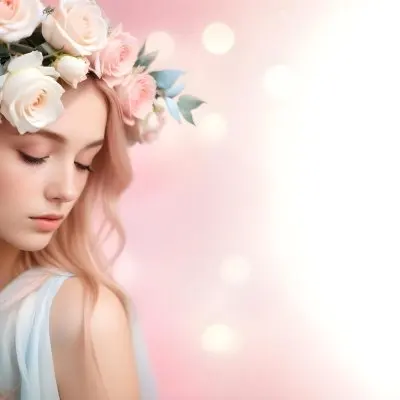 A Young Woman With Fair Skin And Long Flowing Hair That Transitions From Pastel Pink To Light Blue She Has A Floral Crown Made Of White And Pink Roses Adorning Her Head The Background Features A Soft Blurred Pink Gra 49 5195