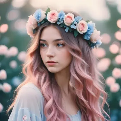 A Young Woman With Fair Skin And Long Flowing Hair That Transitions From Pastel Pink To Light Blue She Has A Floral Crown Made Of White And Pink Roses Adorning Her Head The Background Features A Soft Blurred Pink Gra 52 Acb5