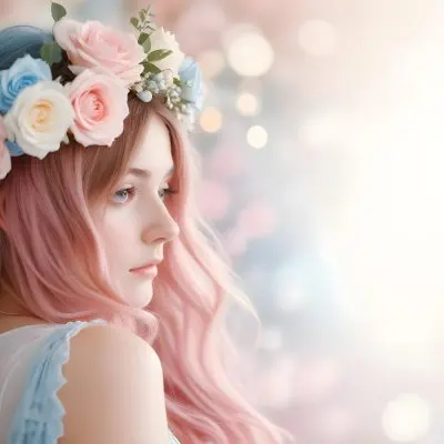 A Young Woman With Fair Skin And Long Flowing Hair That Transitions From Pastel Pink To Light Blue She Has A Floral Crown Made Of White And Pink Roses Adorning Her Head The Background Features A Soft Blurred Pink Gra 56 4ac5