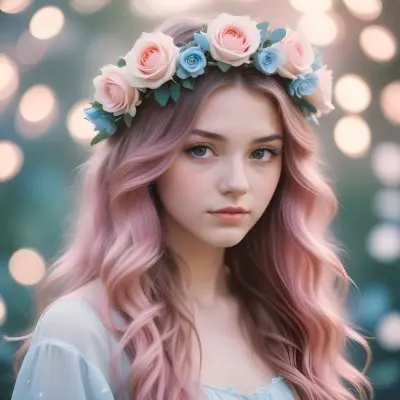 A Young Woman With Fair Skin And Long Flowing Hair That Transitions From Pastel Pink To Light Blue She Has A Floral Crown Made Of White And Pink Roses Adorning Her Head The Background Features A Soft Blurred Pink Gra 57 4db5