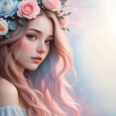 A Young Woman With Fair Skin And Long Flowing Hair That Transitions From Pastel Pink To Light Blue She Has A Floral Crown Made Of White And Pink Roses Adorning Her Head The Background Features A Soft Blurred Pink Gra 6 F010