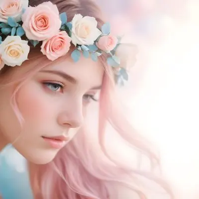 A Young Woman With Fair Skin And Long Flowing Hair That Transitions From Pastel Pink To Light Blue She Has A Floral Crown Made Of White And Pink Roses Adorning Her Head The Background Features A Soft Blurred Pink Gra 64 A081