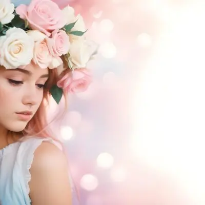 A Young Woman With Fair Skin And Long Flowing Hair That Transitions From Pastel Pink To Light Blue She Has A Floral Crown Made Of White And Pink Roses Adorning Her Head The Background Features A Soft Blurred Pink Gra 65 65e1