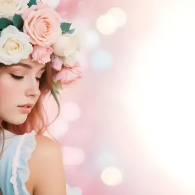 A Young Woman With Fair Skin And Long Flowing Hair That Transitions From Pastel Pink To Light Blue She Has A Floral Crown Made Of White And Pink Roses Adorning Her Head The Background Features A Soft Blurred Pink Gra 66 A67e