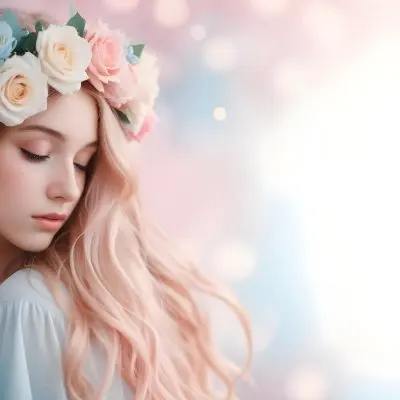 A Young Woman With Fair Skin And Long Flowing Hair That Transitions From Pastel Pink To Light Blue She Has A Floral Crown Made Of White And Pink Roses Adorning Her Head The Background Features A Soft Blurred Pink Gra 69 4980
