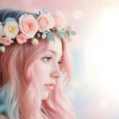A Young Woman With Fair Skin And Long Flowing Hair That Transitions From Pastel Pink To Light Blue She Has A Floral Crown Made Of White And Pink Roses Adorning Her Head The Background Features A Soft Blurred Pink Gra 71 Bedf