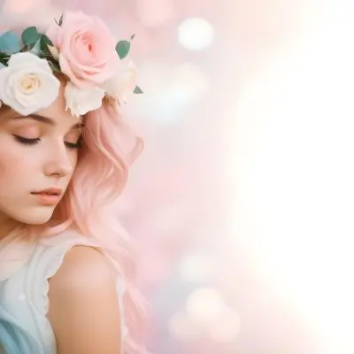 A Young Woman With Fair Skin And Long Flowing Hair That Transitions From Pastel Pink To Light Blue She Has A Floral Crown Made Of White And Pink Roses Adorning Her Head The Background Features A Soft Blurred Pink Gra 73 44ad